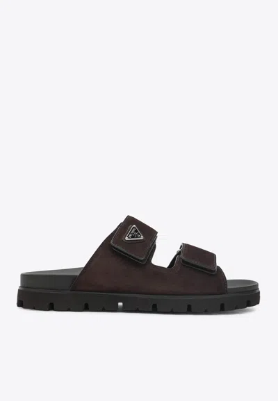 Prada Double Strap Open Toe Leather Sandals In Brown