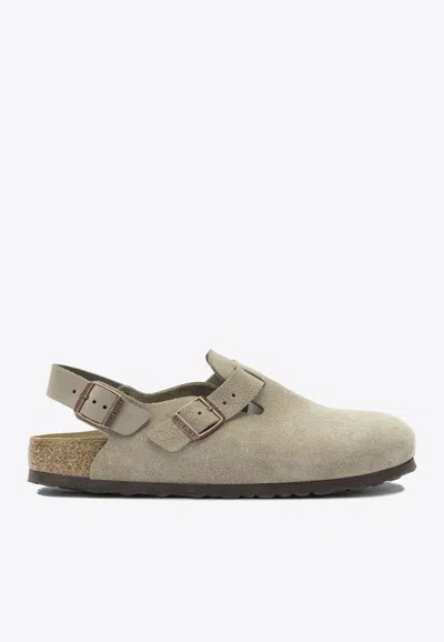 Birkenstock Closed-toe Sandals With Adjustable Strap And Cork Footbed In Gray