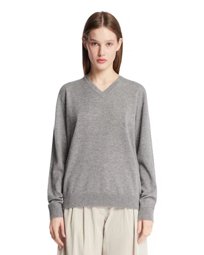 The Row Nian Long Sleeve Top Ribbed V Neckline In Gray