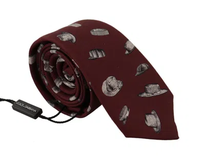 Dolce & Gabbana Maroon Hat Pattern 100% Silk Adjustable Accessory Tie In Burgundy