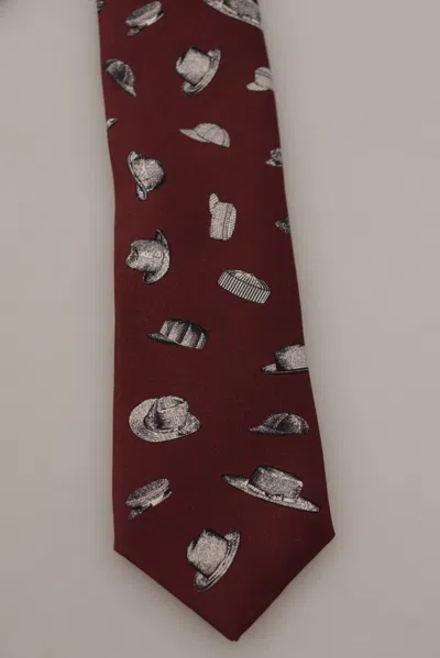 Dolce & Gabbana Maroon Hat Pattern 100% Silk Adjustable Accessory Tie In Burgundy