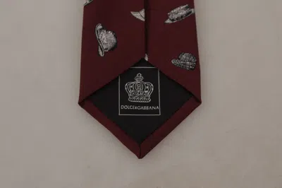 Dolce & Gabbana Maroon Hat Pattern 100% Silk Adjustable Accessory Tie In Burgundy