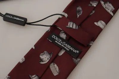 Dolce & Gabbana Maroon Hat Pattern 100% Silk Adjustable Accessory Tie In Burgundy