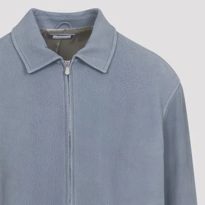 Brunello Cucinelli Suede Jacket Collared Design Elasticated Hem Pockets In Blue