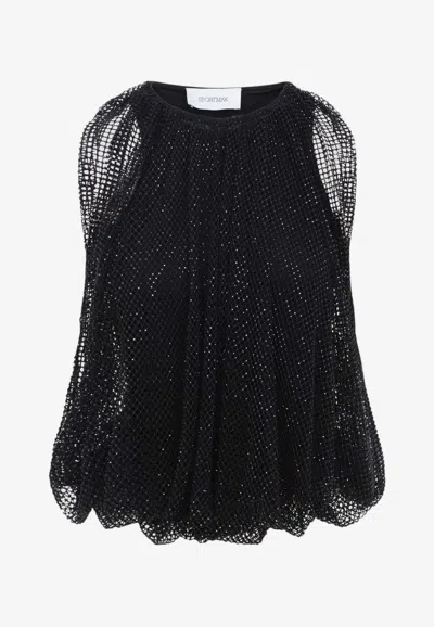 Sportmax Embellished Mesh And Jersey Top In Black