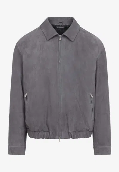 Brunello Cucinelli Suede Jacket Collared Design Elasticated Hem Pockets In Gray