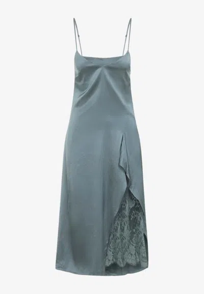 Acne Studios Satin Midi Dress With Lace Inserts In Blue