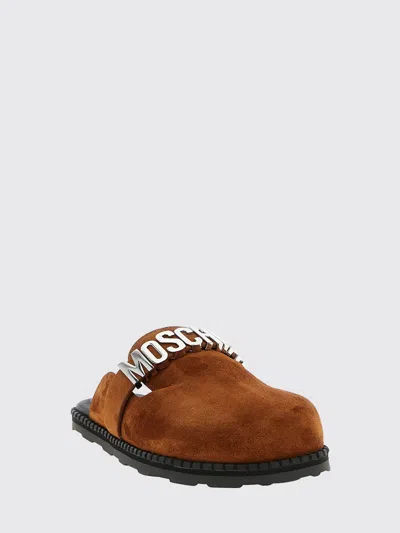 Moschino Suede Open Toe Flat Sole Slides In Brown