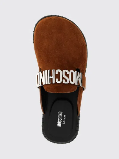 Moschino Suede Open Toe Flat Sole Slides In Brown