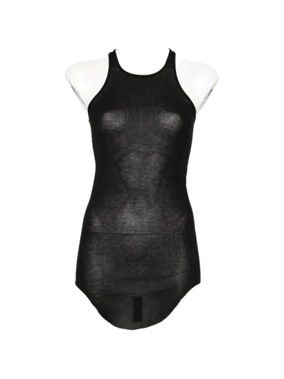 Rick Owens Black Ribbed Tank Top With Curved Hem In Viscose And