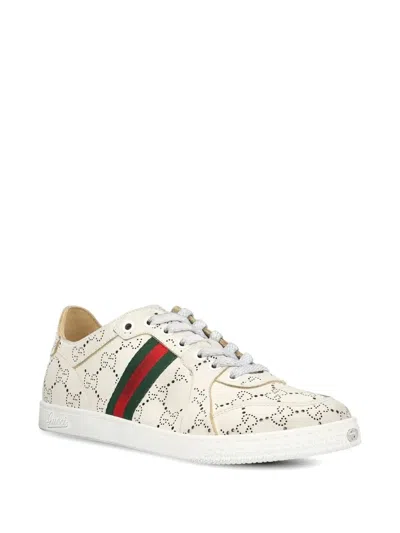 Gucci White Stretch Sneakers With Laser-cut Gg Motif In Neutral