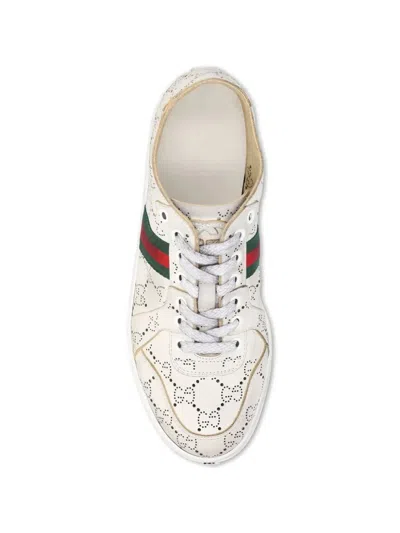 Gucci White Stretch Sneakers With Laser-cut Gg Motif In Neutral