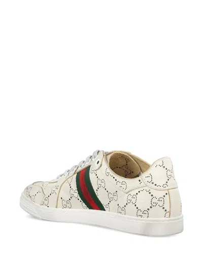 Gucci White Stretch Sneakers With Laser-cut Gg Motif In Neutral