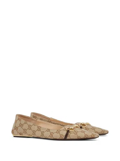 Gucci Vittoria Horsebit-detail Gg-pattern Ballet Flats In Neutral