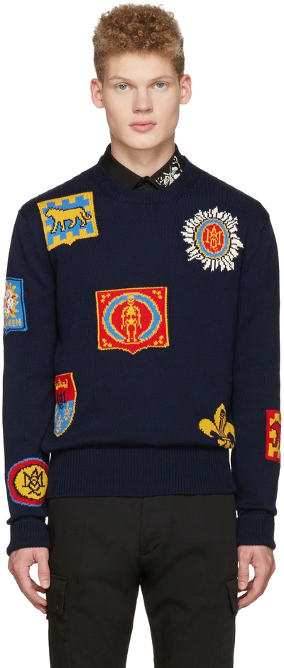 Alexander Mcqueen Crest Jacquard Cotton Sweater In Dark Blue