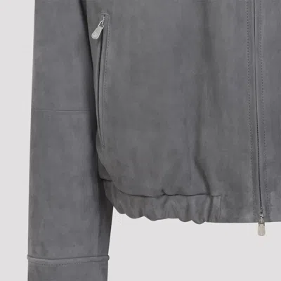 Brunello Cucinelli Suede Jacket Collared Design Elasticated Hem Pockets In Gray