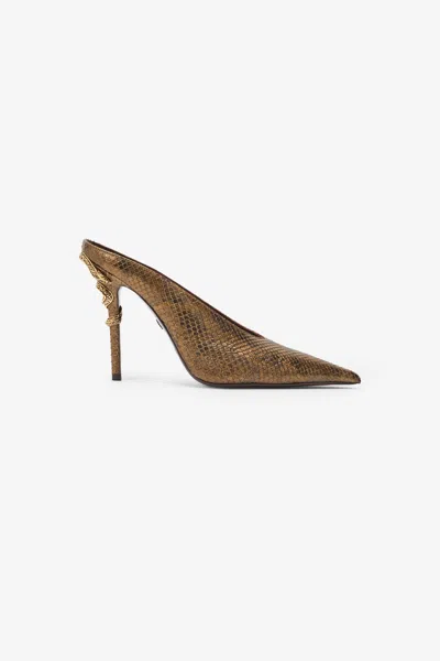 Roberto Cavalli Mules With Gold Python Snake Motif In Gold