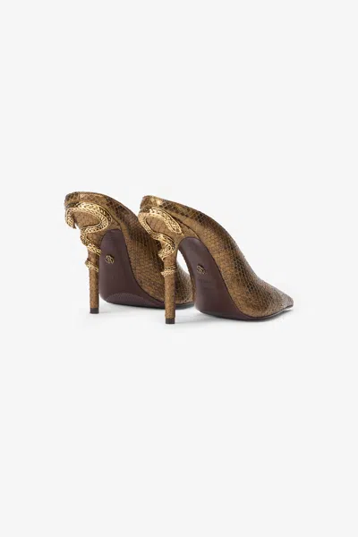 Roberto Cavalli Mules With Gold Python Snake Motif In Gold