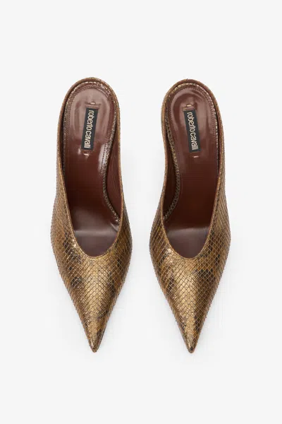 Roberto Cavalli Mules With Gold Python Snake Motif In Gold