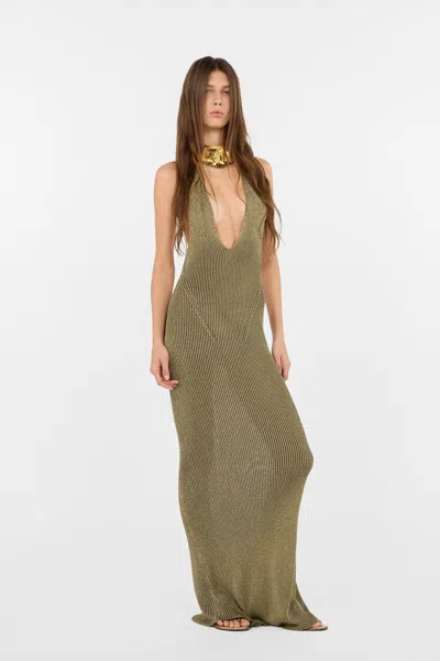 Roberto Cavalli Black And Gold Ribbed Maxi Dress With Snake Motif In Brown