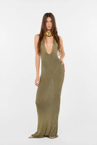 Roberto Cavalli Black And Gold Ribbed Maxi Dress With Snake Motif In Brown