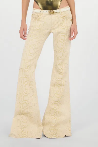 Roberto Cavalli White Flared Jeans With Gold Python Motif In Neutral