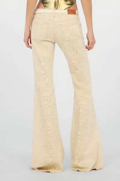 Roberto Cavalli White Flared Jeans With Gold Python Motif In Neutral