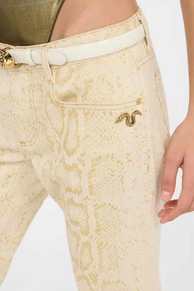 Roberto Cavalli White Flared Jeans With Gold Python Motif In Neutral