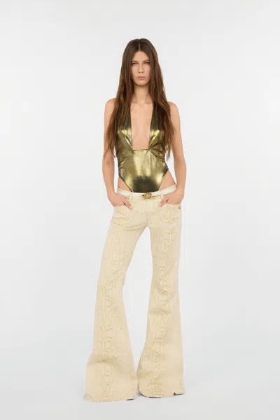 Roberto Cavalli White Flared Jeans With Gold Python Motif In Neutral
