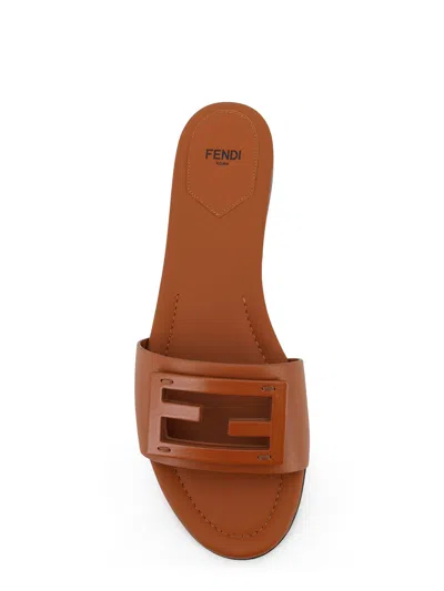 Fendi Baguette Leather Slides With Macro Selleria Topstitches In Brown