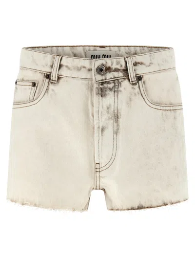 Miu Miu Distressed Cotton Denim Shorts In Grey