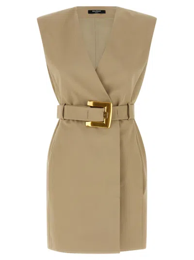 Balmain Wrap Cotton Gabardine Dress Belt Detail In Neutral