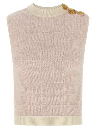 Balmain Knit Top Button Detail Sleeveless Round Neck In Pink