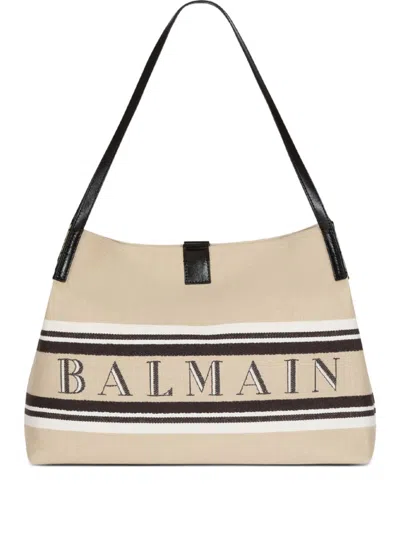 Balmain Medium Release Shopper Bag In Canvas And Calfskin In Beige