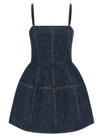 Fendi Ff Motif Denim Mini Dress In Blue
