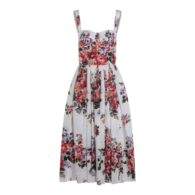 Dolce & Gabbana White Cotton Midi Dress With Floral Print Dolce E Gabbana In Multi