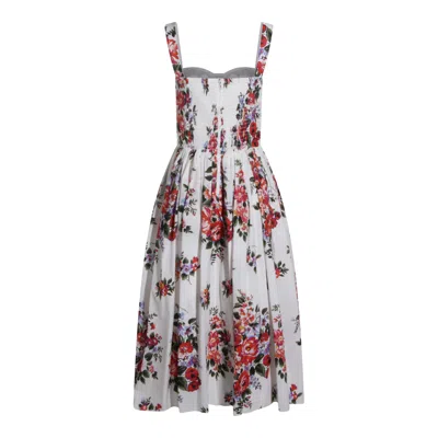 Dolce & Gabbana White Cotton Midi Dress With Floral Print Dolce E Gabbana In Multi