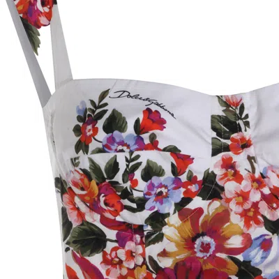 Dolce & Gabbana White Cotton Midi Dress With Floral Print Dolce E Gabbana In Multi