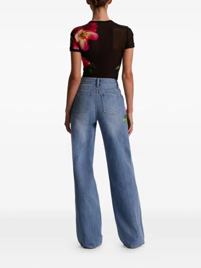 Alice And Olivia Chic High Rise Full Length Rose Print Jeans In Denver Bright Blue