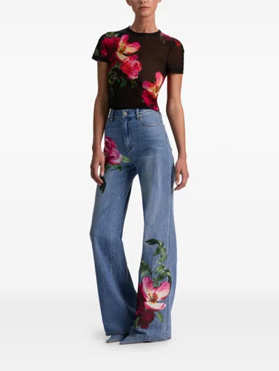 Alice And Olivia Chic High Rise Full Length Rose Print Jeans In Denver Bright Blue