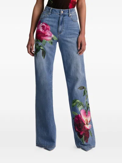 Alice And Olivia Chic High Rise Full Length Rose Print Jeans In Denver Bright Blue