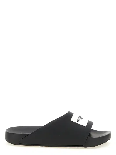 Givenchy Black Sandals With Wide Band And Contrasting Logo Patch In Rubber Man