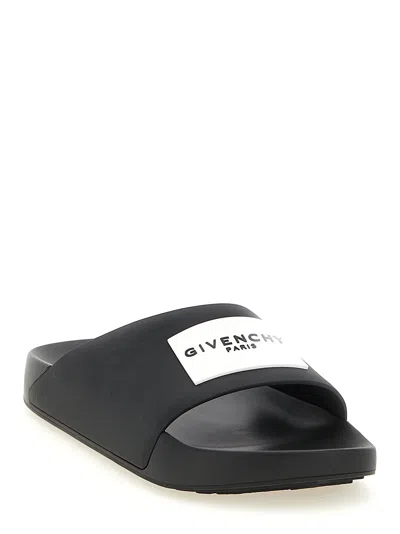 Givenchy Black Sandals With Wide Band And Contrasting Logo Patch In Rubber Man