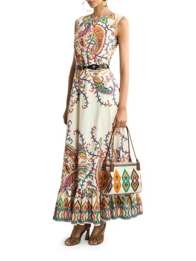 Etro Long Cotton Dress With Placed Floral Paisley Print In Multi