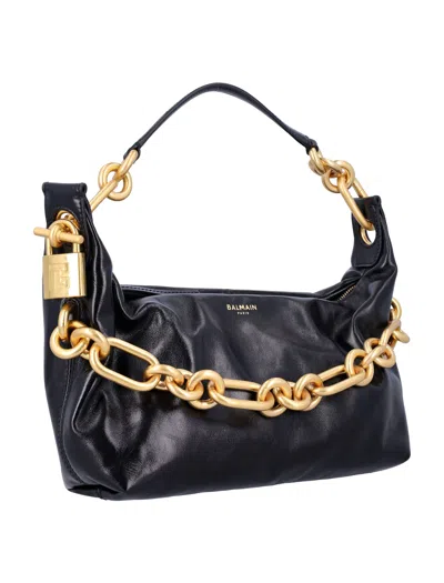 Balmain Medium Leather Shoulder Bag With Chain Strap In Black