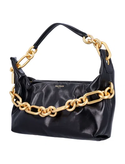 Balmain Medium Leather Shoulder Bag With Chain Strap In Black
