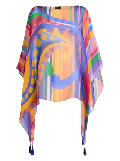 Etro Multicolor Cape With All-over Print And Tassel Details In Silk Woman In Multi