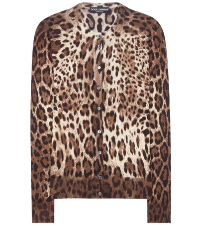 Shop Dolce & Gabbana Cashmere And Silk Cardigan In Leopard, Foedo Kaki