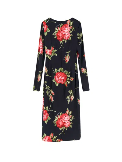Dolce & Gabbana Rose-print Satin Long-sleeve Midi Dress In Multi