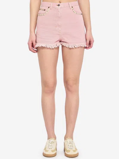 Valentino Knee Length Shorts Frayed Hem Floral Pockets Belt Loops In Pink
